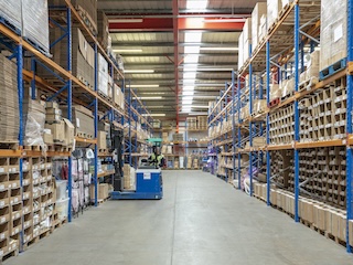 Forklift Truck in Commands Pick and Pack Warehouse